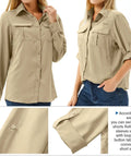 Women's UPF 50 Long Sleeve Safari Shirt For All Day Outdoorsy Adventures With Quick Dry Moisture Wicking Tech Lightweight And Stain Resistant Fabric Great For Fishing Hiking Travel In Khaki Size M, featuring buttoned rolled-up sleeves