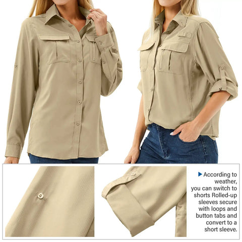 Women's UPF 50 Long Sleeve Safari Shirt For All Day Outdoorsy Adventures With Quick Dry Moisture Wicking Tech Lightweight And Stain Resistant Fabric Great For Fishing Hiking Travel In Khaki Size M, featuring buttoned rolled-up sleeves