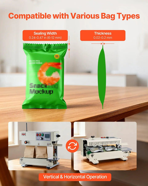 Beefed Up Continuous Bag Band Sealer with Adjustable Temperature and Speed 0.24 to 0.47 Inch Seal Width Vertical Roller Printing
