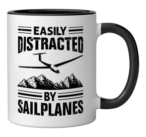 Glider Pilot Ceramic Mug For Sailplane Lovers Black And White Aviation Enthusiast Coffee Cup with 'Easily Distracted by Sailplanes' design.