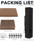 Packing list for Pop Up Canopy Tent 10x12 With Mesh Walls Six Sides Gazebo Patented One Step Lock Tech shown with components.