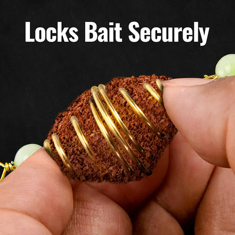 Close-up of Glow In The Dark Fishing Bait Cage Set With 30 Pcs Spring Feeder Rig Bait Holders for night fishing.