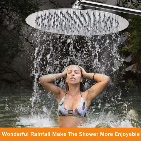 12 Inch Rainfall Shower Head With 11 Inch Brass Adjustable Arm High Pressure Stainless Steel Chrome Finish Splashing Water