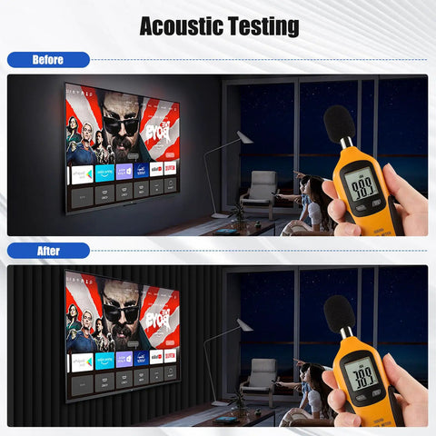 Before and after acoustic testing of Top Tier Black Acoustic Panels 4 Pack Heavy Duty Soundproof Foam Wall Tiles 48 By 24 By 2 Inch.
