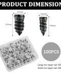 100Pcs Tire Plug Kit With Screwdriver For Quick Flat Tire Repair Nails For Cars Motorcycles And Trucks Self Service Patch Kit Durable And Easy To Use Anywhere Today, showing product dimensions and contents of large and small repair nails in box.