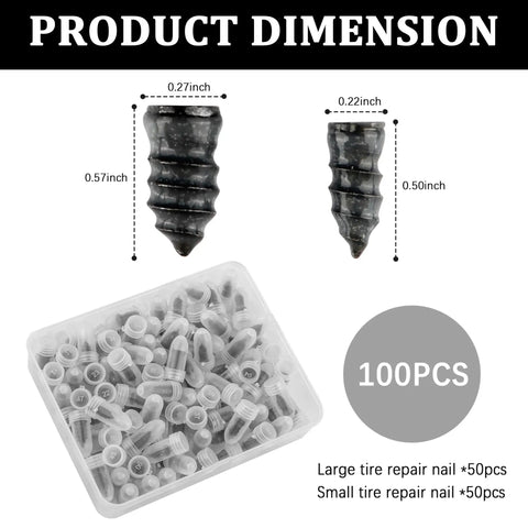 100Pcs Tire Plug Kit With Screwdriver For Quick Flat Tire Repair Nails For Cars Motorcycles And Trucks Self Service Patch Kit Durable And Easy To Use Anywhere Today, showing product dimensions and contents of large and small repair nails in box.