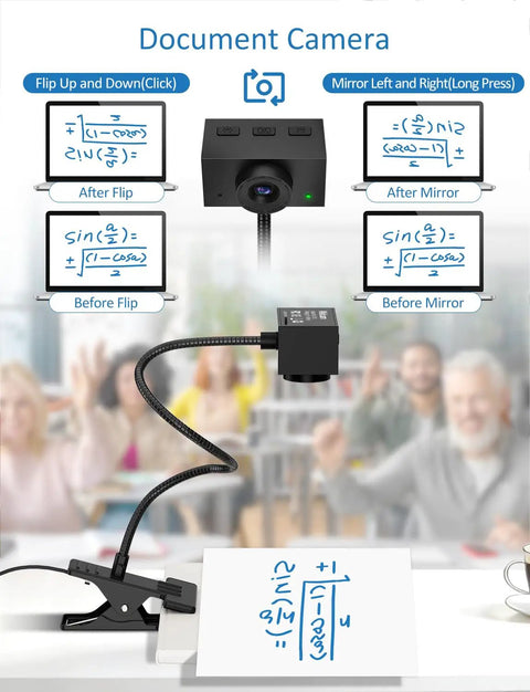 Document camera with flexible gooseneck, adjustable clip, displaying math equations for live video teaching.
