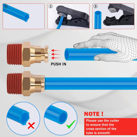 Three Eighths Inch DOT Air Line Blue PA12 Nylon Pneumatic Tubing 100 Ft installation diagram with smooth cutting instructions.