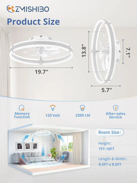 Slick Low Profile Ceiling Fan With Smart LED Light And Dual Remote And App Control Small Room Cooler dimensions 19.7" x 13.8".