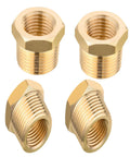 Set of four brass reducer hex bushings, 1 in NPT male to 3/4 in NPT female pipe fittings