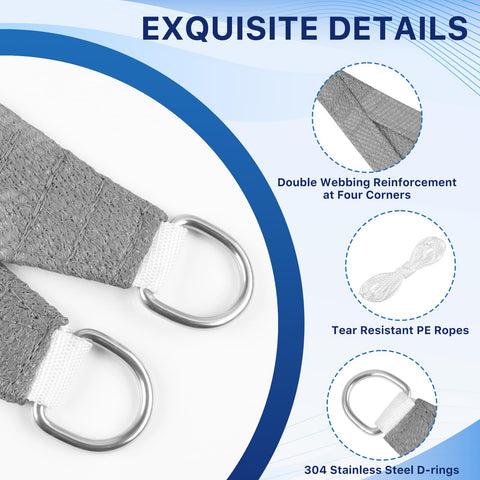 Close-up of 10X13 Sun Shade Sail With UV Protection For Outdoor Patio Garden And Deck Curved Tear Resistant Heavy Duty Shade in Gray detailing reinforced D-rings and PE ropes.