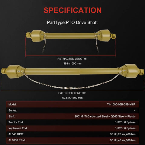 Beat Down Tough Heavy Duty PTO Shaft For Bush Hog And Finish Mower Measuring 39 To 62.5 Inches, showing dual six spline connections.