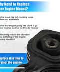 Close-up of Honda Civic Lower Rod Torque Engine Mount Replacement For 2006 To 2011 Gas And CNG Direct Fit Stops The Clunking Noise When You Accelerate Or Shift Gears Durable Heavy Duty Mount