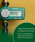 Premium Digital Hose End Timer Controller For One Zone Sprinklers with LCD screen, brass inlet/outlet, battery operated.