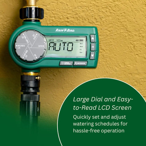 Premium Digital Hose End Timer Controller For One Zone Sprinklers with LCD screen, brass inlet/outlet, battery operated.