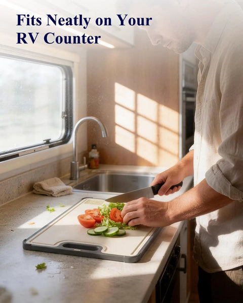 Person using Double Sided Cutting Board With Stainless Steel Edge And Wheat Straw Side Non Toxic Chopping Board with vegetables