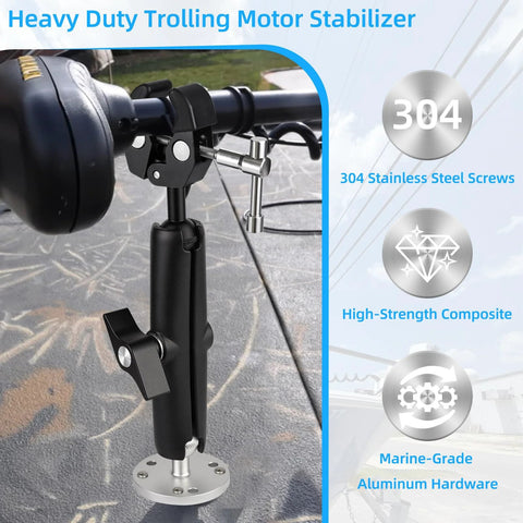 Heavy Duty Trolling Motor Stabilizer Mount installed showing 2-inch bar fit, rock solid silicone clamp, and 360-degree adjustability.