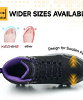 Top view of waterproof steel toe work boots for women with wide width, non slip and lightweight design, purple size 37.5