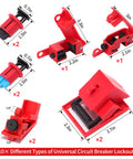 Image showing 10 universal circuit breaker lockouts from the Pro Grade Heavy Duty Lockout Tagout Kit with Safety Padlocks Hasps