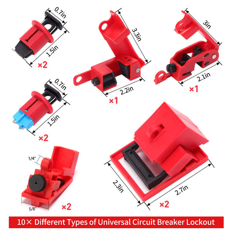 Image showing 10 universal circuit breaker lockouts from the Pro Grade Heavy Duty Lockout Tagout Kit with Safety Padlocks Hasps