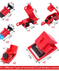 10 different universal circuit breaker lockouts from Beefed-Up All-In-One Lockout Tagout Kit, shown with dimensions.