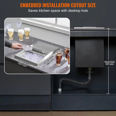 Drop-In Stainless Steel Ice Chest With Sliding Cover, 40.9 Qt Ice Bin For Outdoor Kitchen, embedded installation view