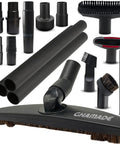 All In One Vacuum Attachment Kit With Horsehair Hardwood Floor Brush, Hard Floor Tool, And Hose Adapters, shown in black