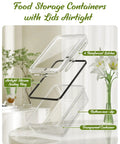 Transparent food storage container with airtight silicone sealing ring and reinforced latches for secure closure.