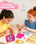 Two kids using Kids Beginner Sewing Kit With Felt Projects For 5 And Up 8 Totally Easy DIY Crafts Like Bunny Pillow Unicorn Wind Chime