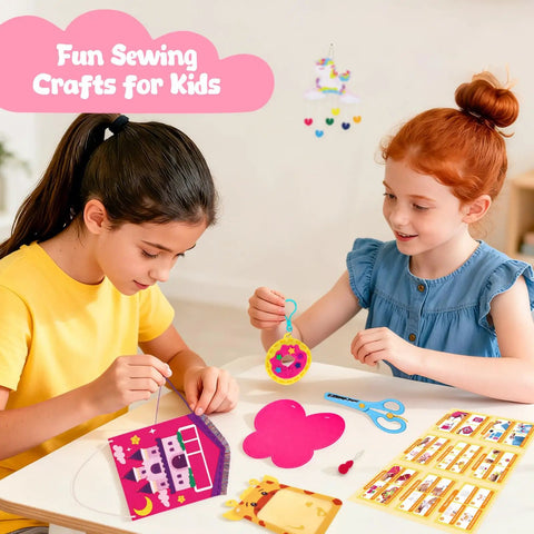 Two kids using Kids Beginner Sewing Kit With Felt Projects For 5 And Up 8 Totally Easy DIY Crafts Like Bunny Pillow Unicorn Wind Chime
