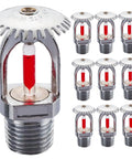 No Sweat Heavy Duty Fire Sprinkler Head 10 Pack Quick Response Activation At 155 Fahrenheit, metal threaded sprinkler with red indicator.