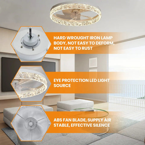 Dope 20 Inch Remote Flush Mount Bladeless Ceiling Fan With Dimmable Lights For Living Room, Reversible Motor, White Finish