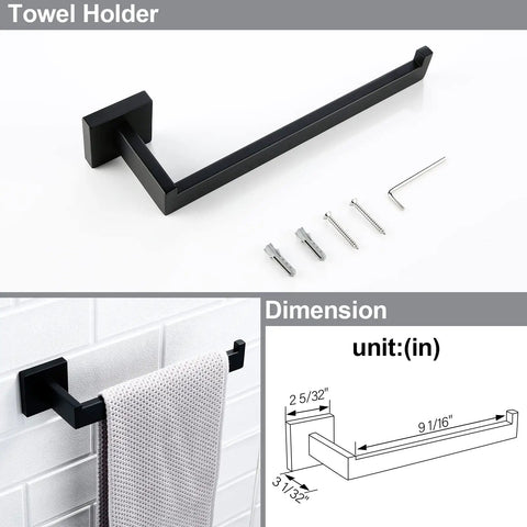 Matte Black Bathroom Hardware Kit 4 Piece Stainless Steel Heavy Duty Wall Mounted Towel Holder dimensions and installation parts