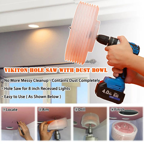 Person using 8.25 Inch Hole Saw Kit For Recessed Lights With Dust Bowl Catcher on ceiling