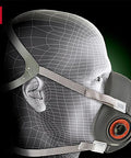 3D model wearing Half Facepiece Reusable Respirator 6100 NIOSH Approved with four point harness for painting and sanding.