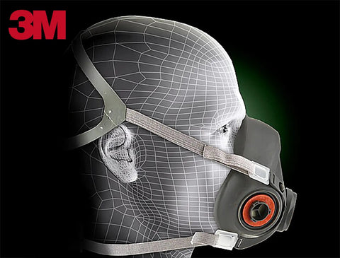 3D model wearing Half Facepiece Reusable Respirator 6100 NIOSH Approved with four point harness for painting and sanding.