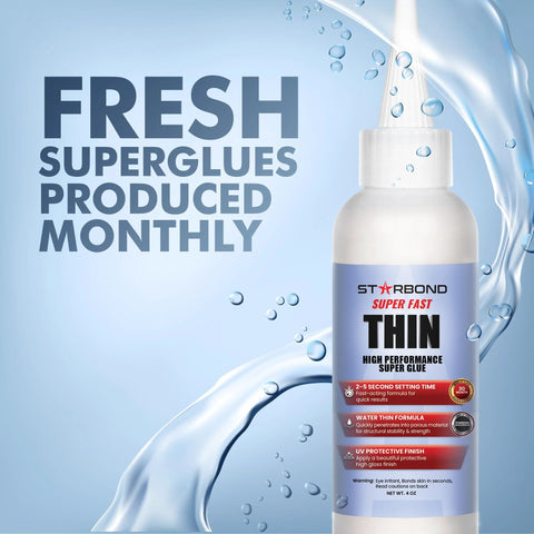Starbond Super Fast Thin CA glue bottle, 4 oz, white cap, front view