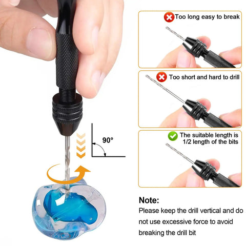 Miniature Pin Vise Hand Drill Set With Semi Automatic Push Drills in use with guidance on correct drilling angle and bit length