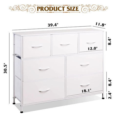 Seven Drawer Dresser And TV Stand With Wood Top, Fabric Storage Tower, White, Sturdy Steel Frame, Easy Pull Handles, size dimensions chart