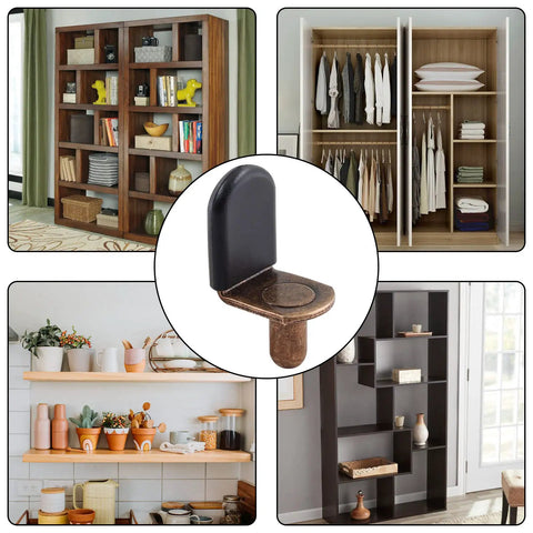 Hella Sturdy 30 Pack Cabinet Shelf Support Pegs Antique Bronze Heavy Duty Furniture Rest Pins in use with shelves and cabinetry.