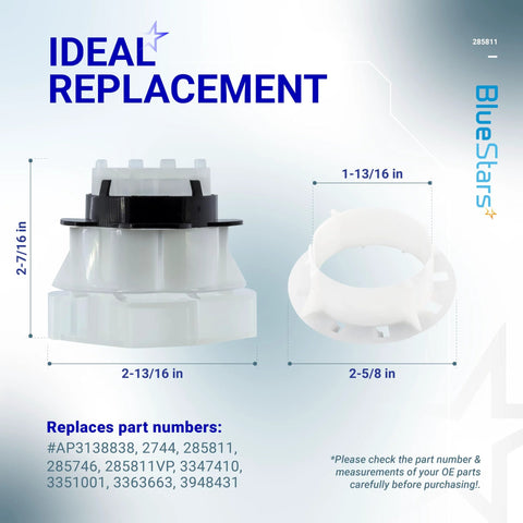 Front view of medium cam agitator repair kit for Whirlpool/Kenmore washers; white plastic main unit with black top and circular ring