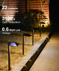Low Voltage Landscape Path Lights 8 Pack Kit LED 22 Lumen Outdoor Walkway Pathway Lighting Wired Bronze Finish 3100K Warm White With Cable Connectors Easy Install For Your Yard illuminating garden path at night.