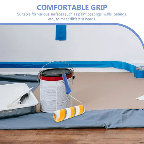 No Sweat Chemical Fiber Paint Roller For Smooth Ceiling Jobs And Easy Interior Decorating With Pro Level Lines And Zero Fuss Application For Quick Diy Makeovers And Touch Ups on a paint tray and can.
