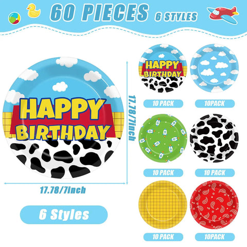 Legendary 7 Inch Cartoon Story Paper Plates 60 Pack Boy Birthday Party Supplies Sky Blue Cow Print Cloud Dessert Dishes Disposable Tableware Set That Truly Goes Hard For Awesome Celebrations - 7-inch plates in six designs.