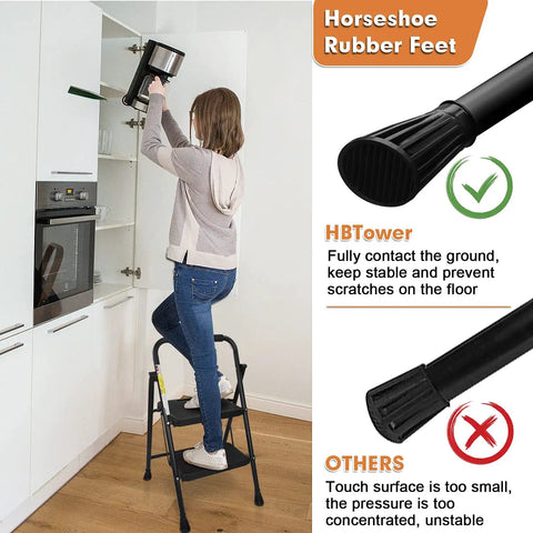 Person using Heavy Duty 2 Step Folding Ladder With 500 Lb Capacity Anti Slip Wide Pedals in kitchen next to cabinet