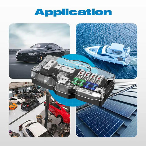 Four Way MIDI Fused Distribution Block For Car Audio And Marine Systems, 12V Wiring, Supports Two Inputs And Four Outputs, Ground Connection, 0 To 4 Gauge Capacity, Includes Mini ANL Fuse Mount For Safe Organized Power, shown with car, boat, and solar use