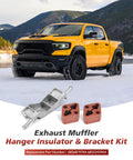 Up Your Ride This Season With A Cool Exhaust Muffler Bracket And Dual Hanger Rubber Isolator Kit Specifically Made For Ram 1500 Models From 2019 To 2025 Perfect Fix To Silence The Rattle. silver aluminum bracket with two rubber insulators for Ram 1500 exhaust