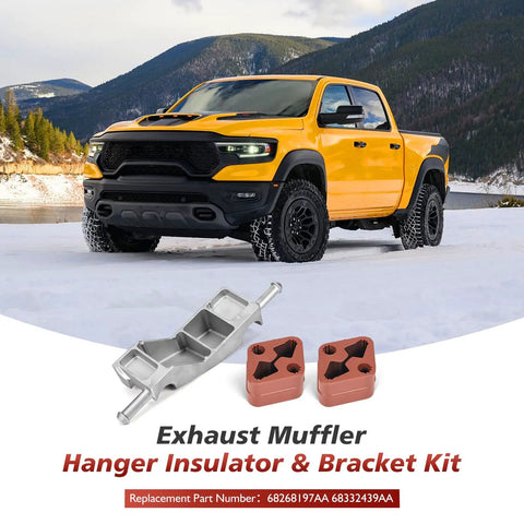 Up Your Ride This Season With A Cool Exhaust Muffler Bracket And Dual Hanger Rubber Isolator Kit Specifically Made For Ram 1500 Models From 2019 To 2025 Perfect Fix To Silence The Rattle. silver aluminum bracket with two rubber insulators for Ram 1500 exhaust