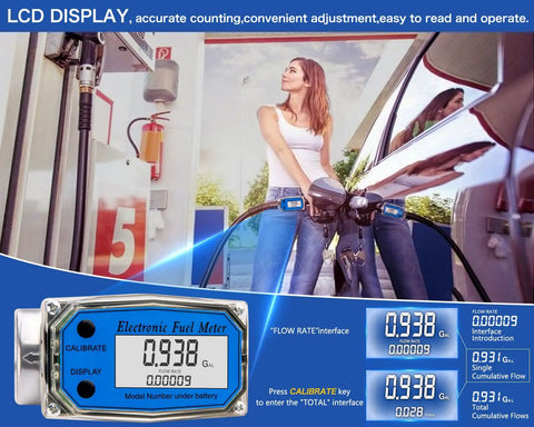 One Inch Turbine Flow Meter For Water Diesel Kerosene Gasoline With LCD Digital Readout displayed while refueling at a station