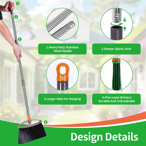 Heavy Duty Broom With Collapsible Handle For Indoor Outdoor Sweeping, Stiff Bristles Tackle Pet Hair Dust And Grime On Wood Or Tile Floors, Gray Real Workhorse Cleaner That Gets It Done close-up of stainless steel handle and bristle details.